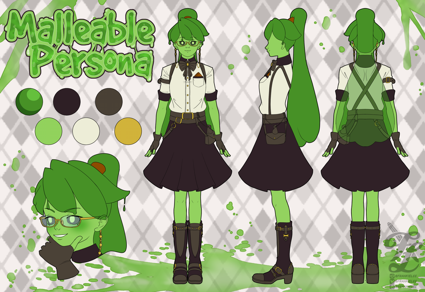 A digital art reference sheet for Malleable Persona, a slime person vtuber. She wears a button down shirt tucking into a skirt with belts that hold multiple bags and pockets.